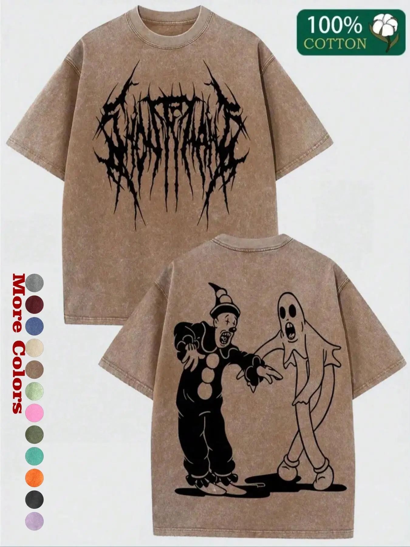 Halloween Graphic T-Shirt, 100% Cotton Vintage Washed Unisex Streetwear Tee with Spooky Ghost Print, Ideal for Couples, Commuting, Sports, Outdoor