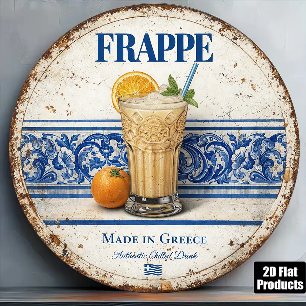 1pc 8*8In/20X20Cm 2D Flat Round Sign, Vintage Plaque about "Frappe", "Greek Specialty Cold " Decorative Sign, Suitable for Kitchen, Bar, Cafe Decoration Or Gift. Made in Greece (English)