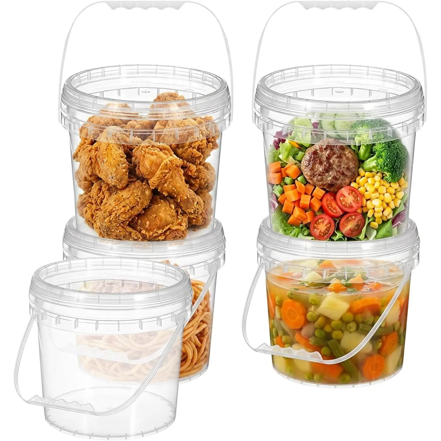 5 Pack 1 Gallon Food Grade Plastic Buckets with Handle and Lids| Clear Food-Grade Round Plastic Bucket, Food Storage Containers Freeze Safe Reusable for Ice Cream, Soup, and Prep Containers