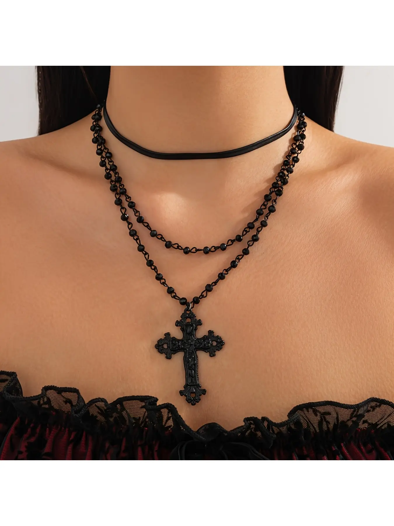 2Pcs Gothic Vintage Carved Cross Pendant Multi Layer Necklace Black Beaded Chain Choker Stackable Clavicle Jewelry For Women Daily Outfit Punk Party Cosplay Accessory Halloween Christmas Birthday Holiday Gift