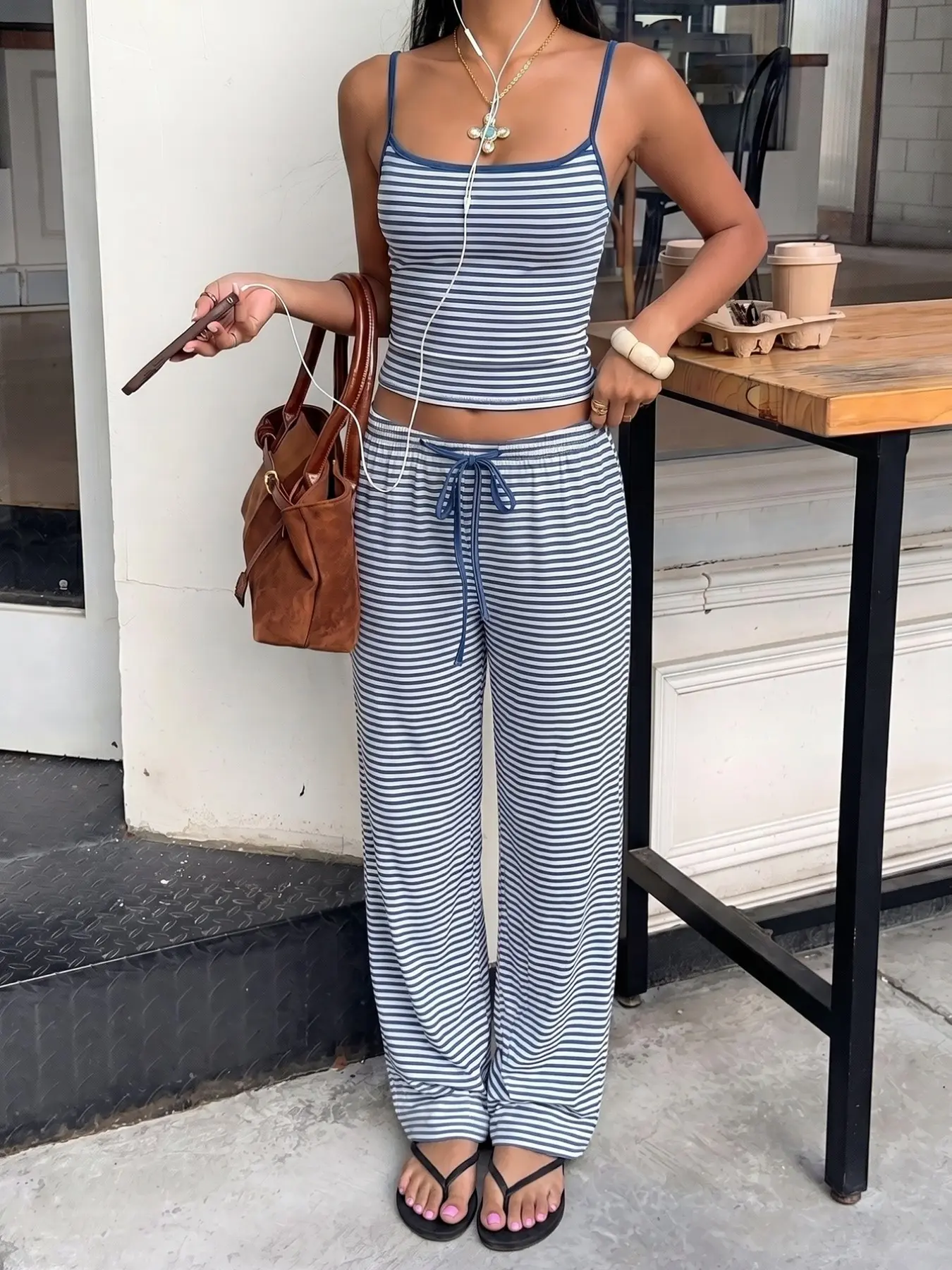 Viral Blue White Striped 2 Piece Loungewear Outfit, Contrast Trim U Neck Thin Strap Crop Tank Matching Drawstring Elastic Waist Wide Leg Pants, Soft High Stretch Breathable Fabric, Ready-to-Wear Matching Set For Sleep, Errands, Beach Vacation & Daily Stre