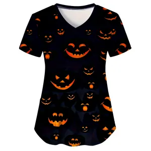 Halloween V-Neck Short Sleeve Top - Cute Pumpkin Print Nurse Uniform Style with Patch Pockets, Comfortable Casual Shirt for Women, Machine Washable Spring Summer Fall Casual Attire, Halloween Shirt, Seasonal Healthcare Attire, Durable Fabric