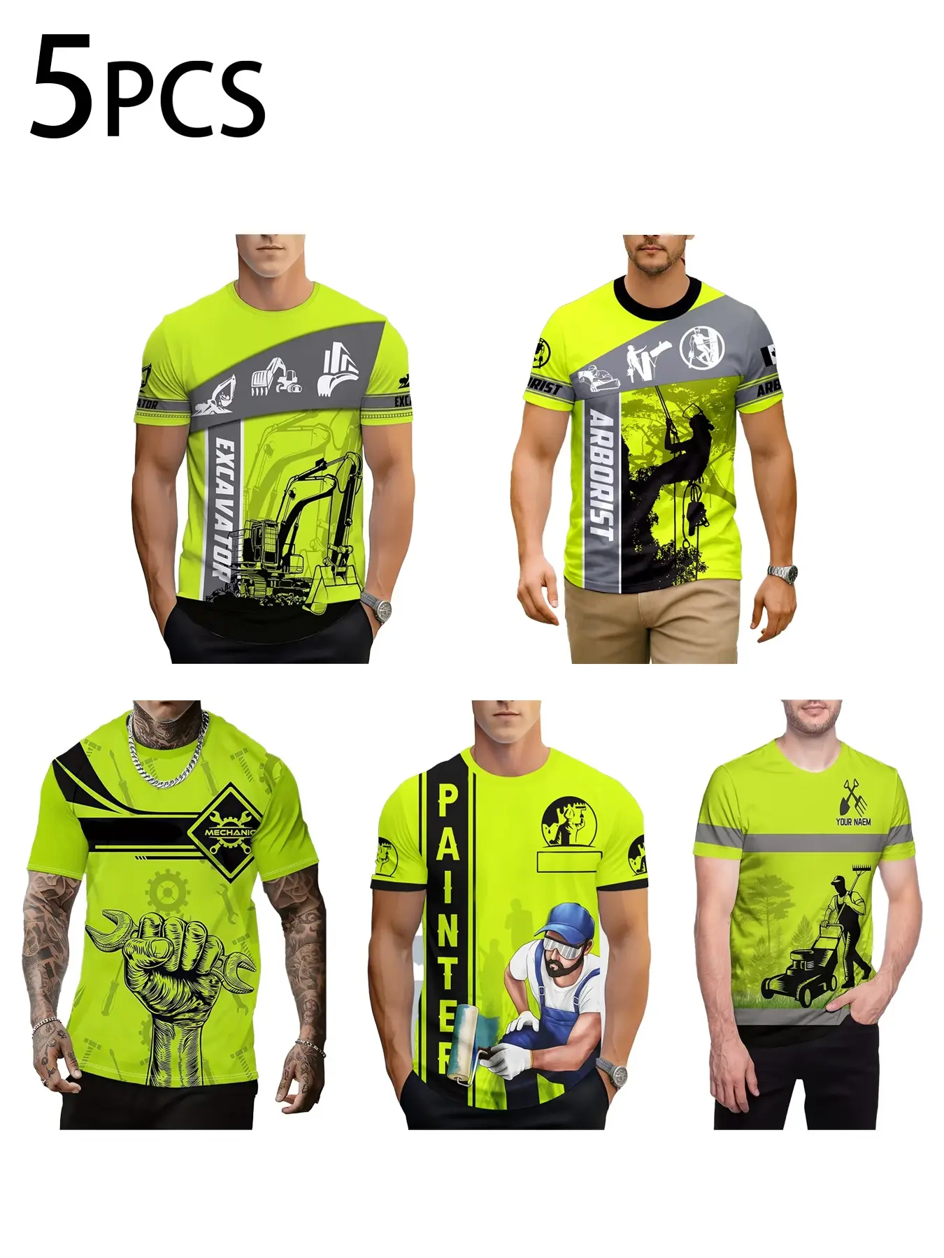 5-Pack Fluorescent Workwear T-Shirts, Multi-Industry Print, Men's Outdoor Casual Short Sleeve, Loose-Fit, Long Clothing
