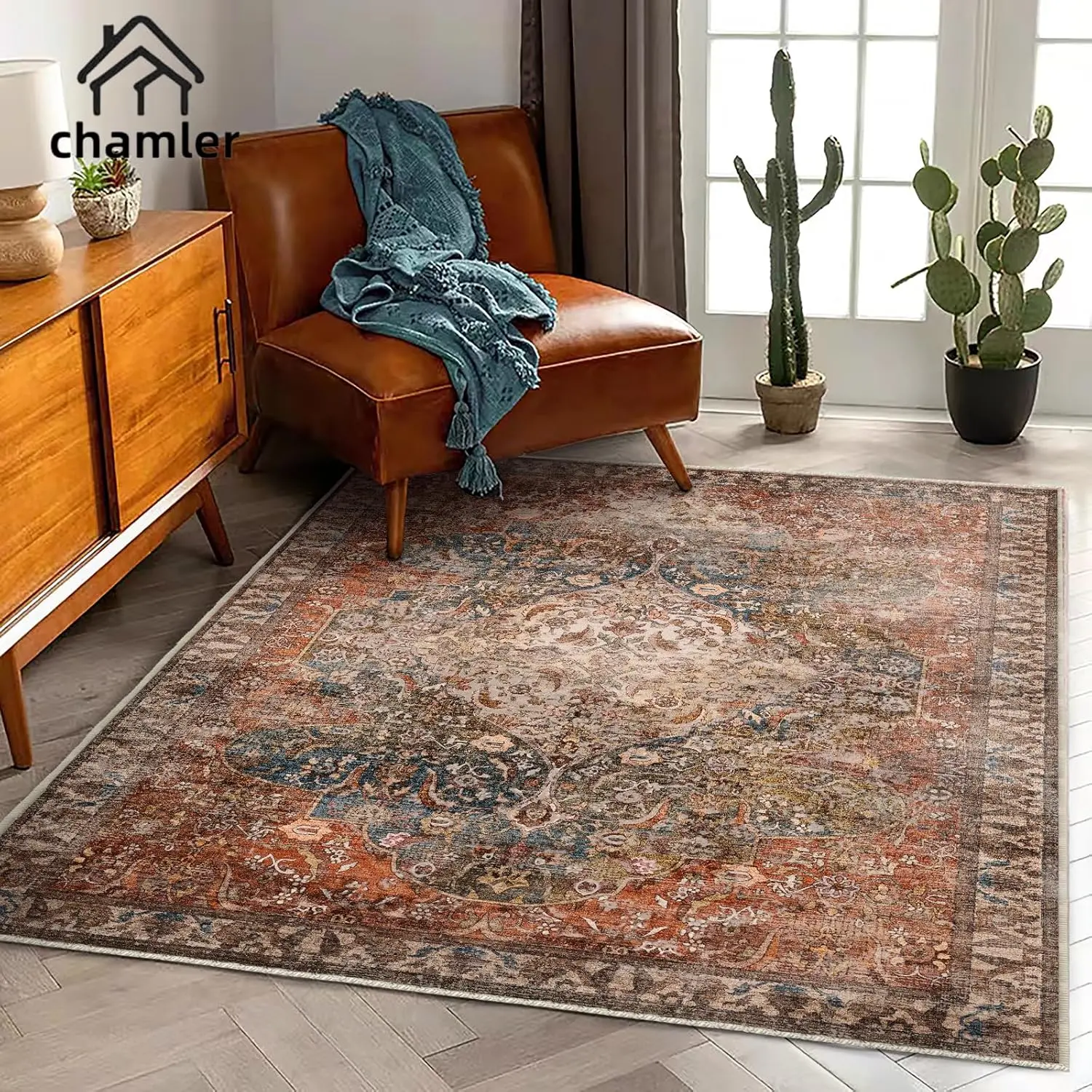 3x5 Area Rug Vintage Washable Thin Tangerine Cover Foldable Indoor Distressed Non Slip Carpet Floral Print Mat Rugs for Bedroom Living Room