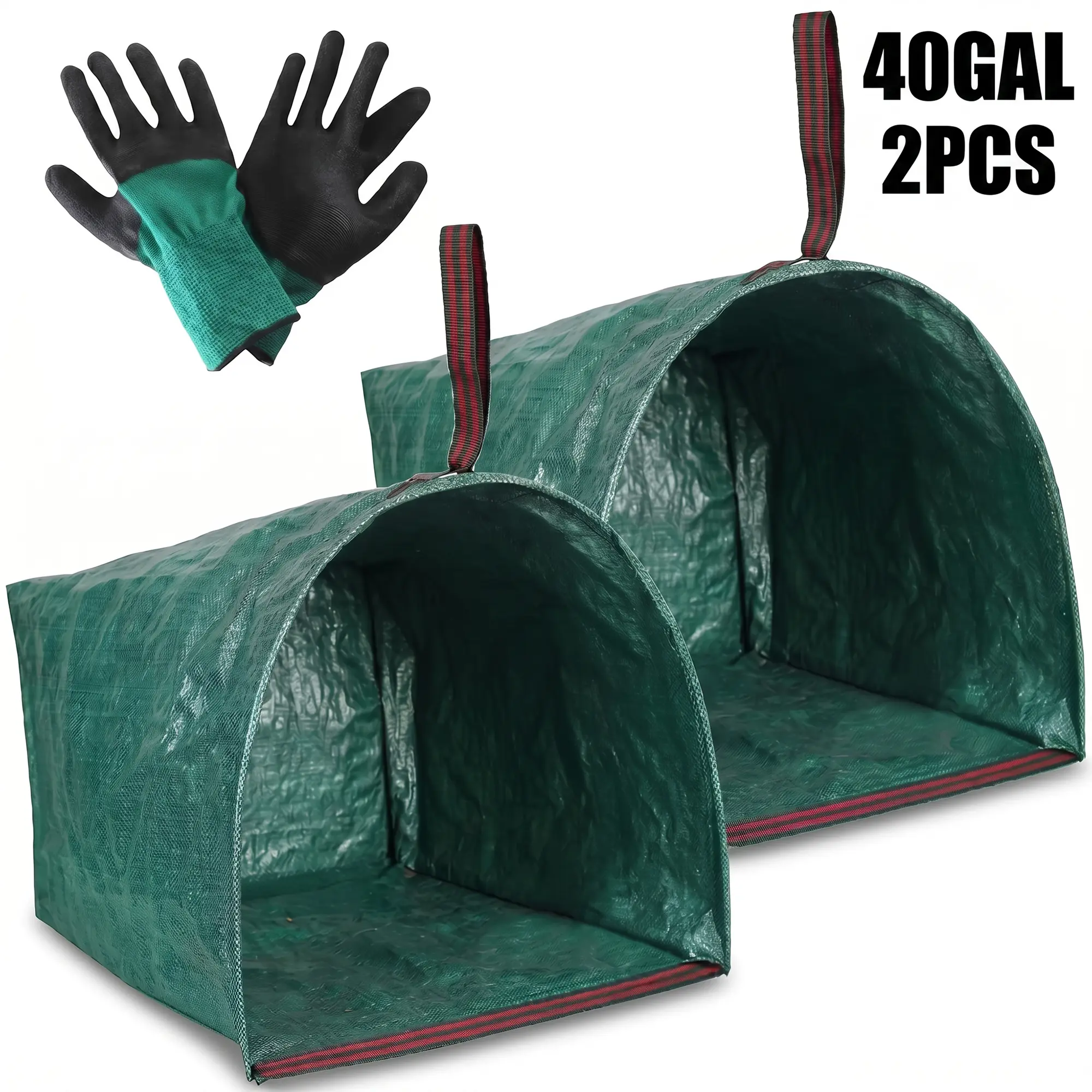 2 Pack 53 Gallon Reusable Yard Waste Bags with Gloves, Hopper Style Open-Mouth Garden Bag, Heavy-Duty Waterproof PP Leaf Sacks, Collapsible