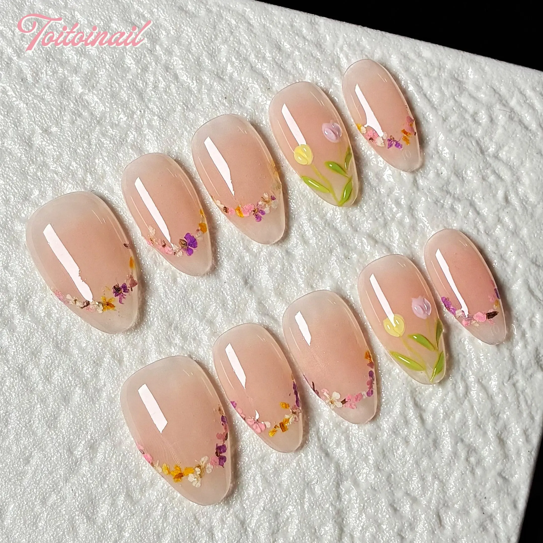 Blush Petal Press On Nails | Short Almond/Medium Almond/Ultra Short Oval, 10pcs Handmade glossy sheer blush flower design nails with hand-painted tiny dried flower & tulip details, soft romantic spring style reusable fake nails for daily wear