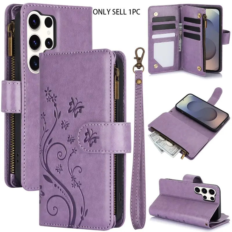Leather butterfly flower zipper card insertion phone case, Cellphone, suitable for Samsung Galaxy S26Ultra S25/S24 S22Ultra FE women's crossbody wallet phone case, RFID shielding, zipper handbag style, flip cover protective case, card slot