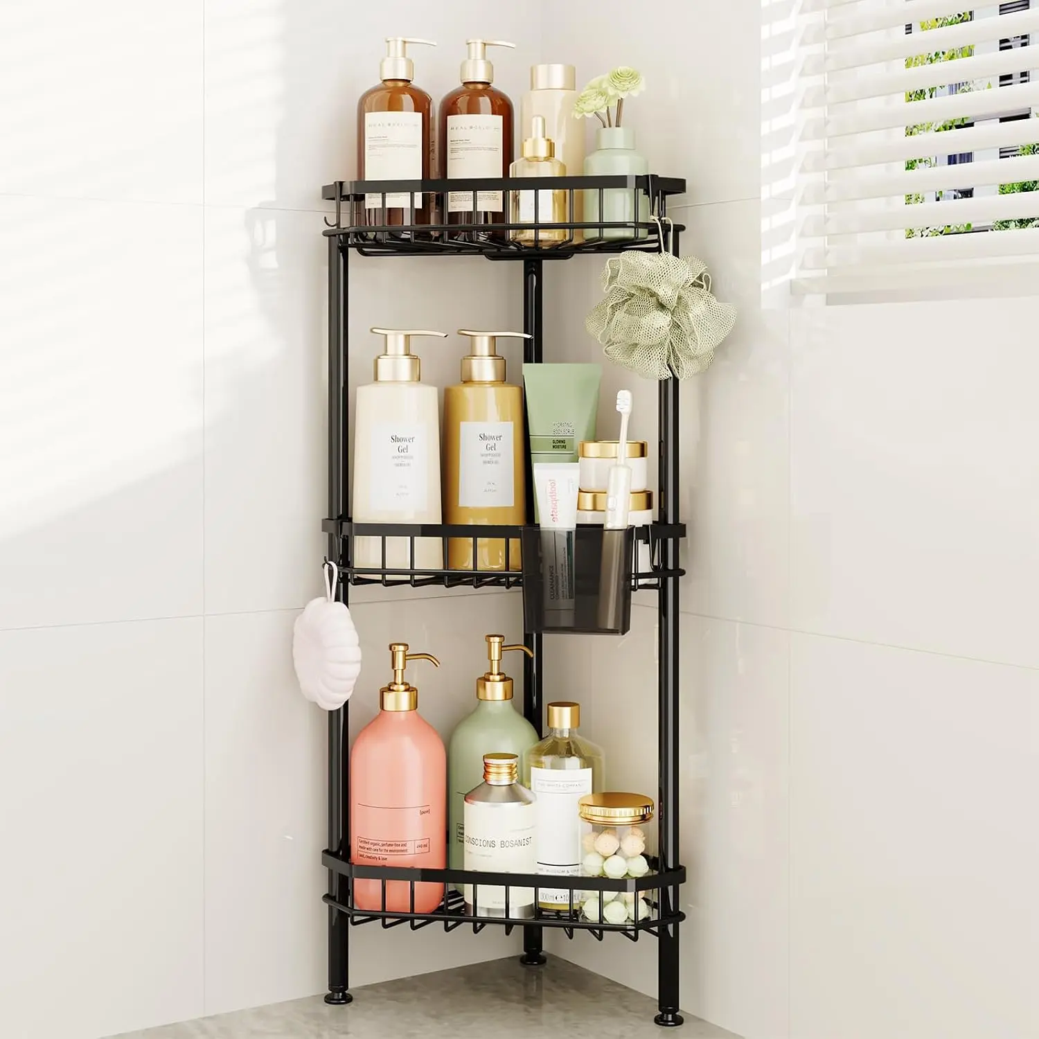 Corner Shower  Stand - Rustproof Bathroom Organizer&Storage | 3 Tier Shower Shelves for Inside Shower, Stainless Steel Corner Shelf with Soap Holder, 4 Hooks, Brush Holder, Black