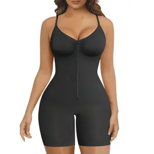 Women's Zip-Up Shapewear Bodysuit Tummy Control Seamless V Neck Full Body Shaper Mid-Thigh Butt Lifter