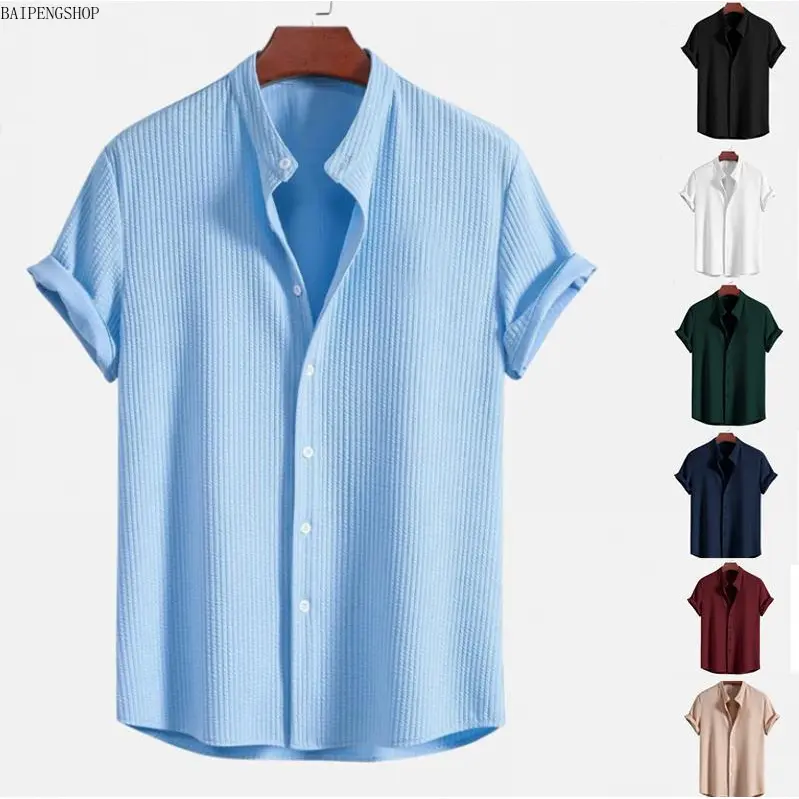 Men's Loose Fit Casual Shirt for Summer, Plain Ribbed Texture Shortsleeve Button Down with Notched Collar and Rollable Cuff