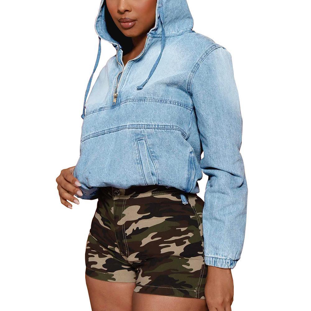 2026Women'S Half Zip Denim Hoodie Pullover Jacket Jean Tops..