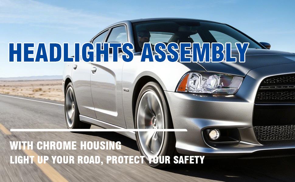 Headlight Assembly w/Bulbs Compatible with 2011-2014 Dodge Charger OE Halogen Headlamp Chrome Housing Amber Reflector Replacement Driver and Passenger Side
