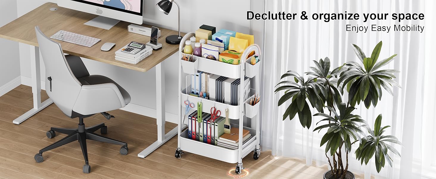 3 Tier Rolling Cart Metal with Wheels, Heavy Duty White Three Tiered Craft Cart Organizer on Wheels, Utility Roller Storage Carts for Art, Baby Nursery, Diaper Caddy, Snack,Book,Nail,Cleaning Supplies
