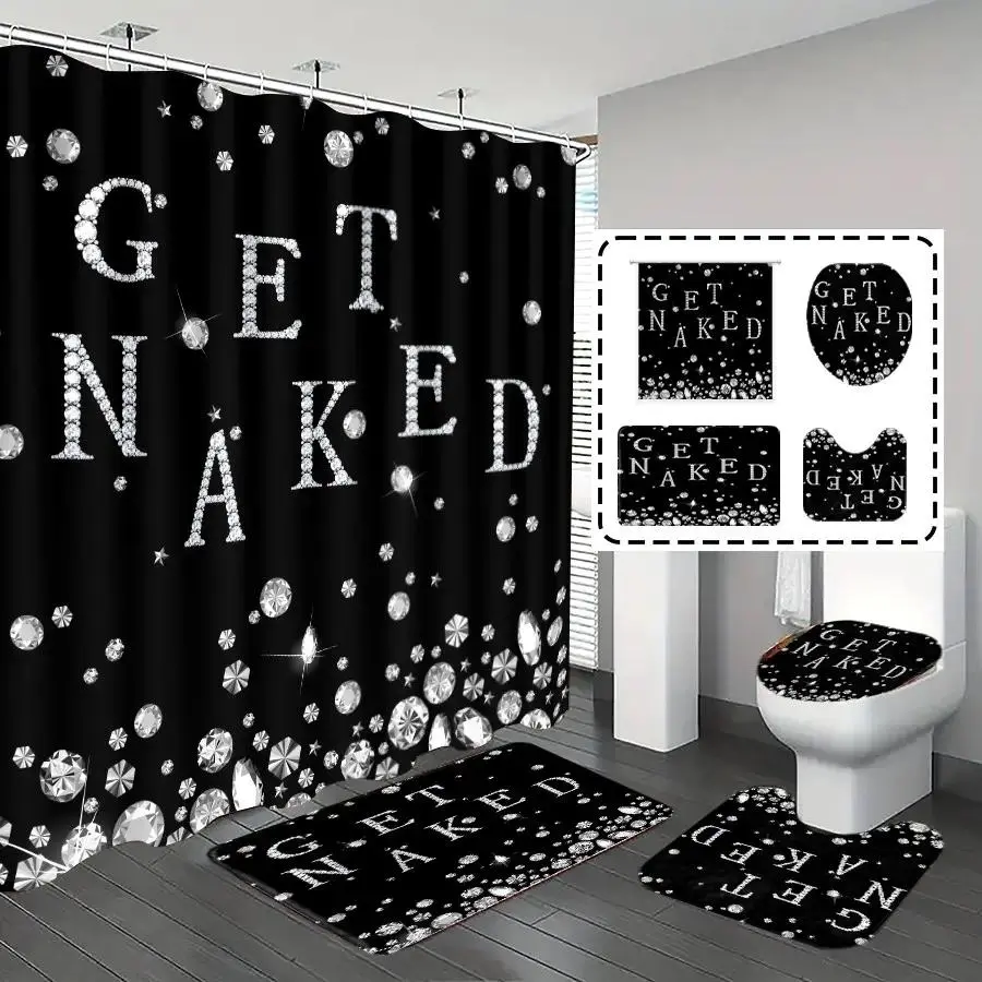 1/4pcs bathroom curtains shower,  shower curtain sets, bathroom rug, home decoration, bathroom mat, diamonds and letter patterns, simple and luxurious theme decoration, bathroom set, with 12/24 hooks.