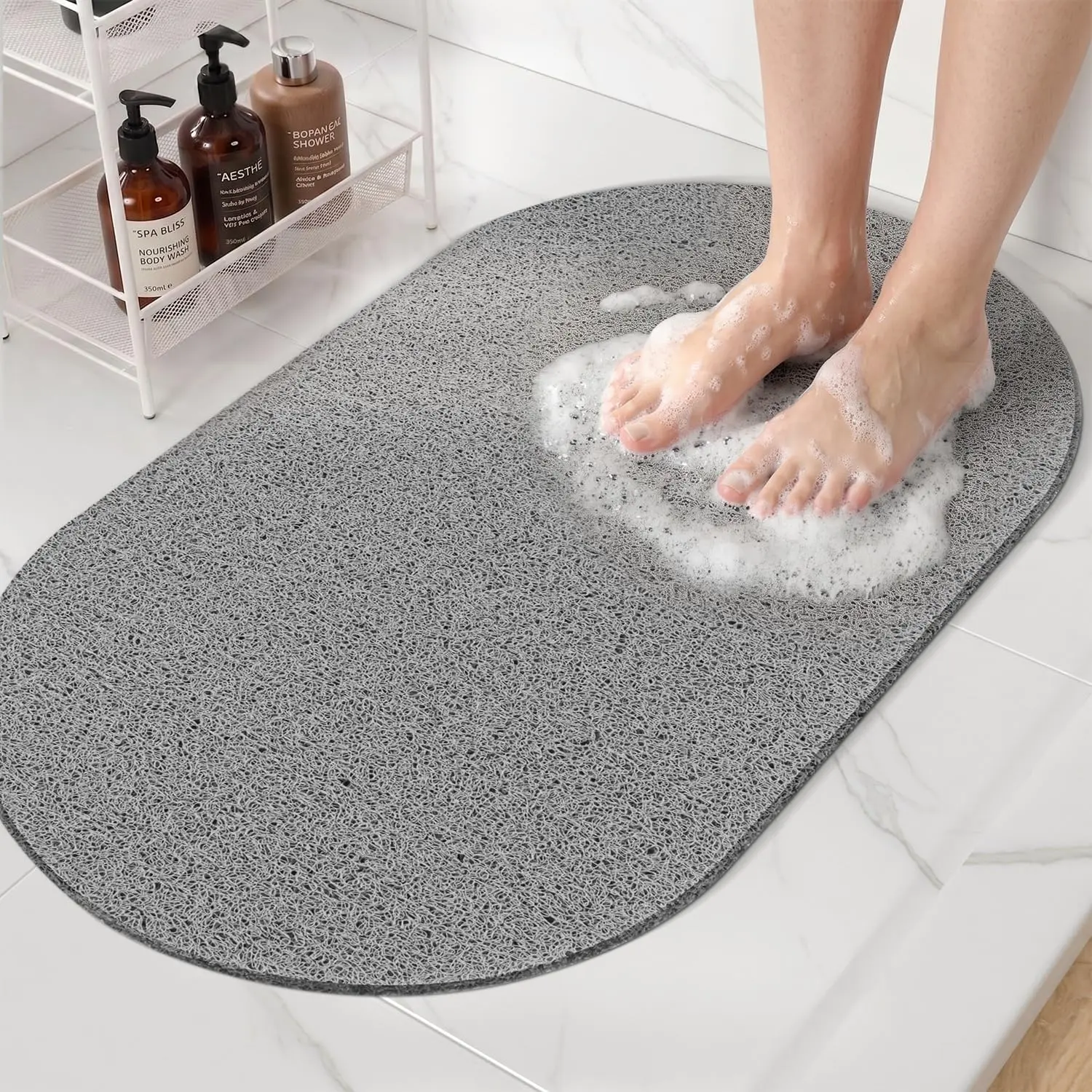 Oval Loofah Shower Mat Non Slip, 27x16 Inch, Grey | Bath Mat for Textured Tub & Inside Shower Stall, No Suction Cups Quick Drying PVC Porous Floor Mat, Soft Foot