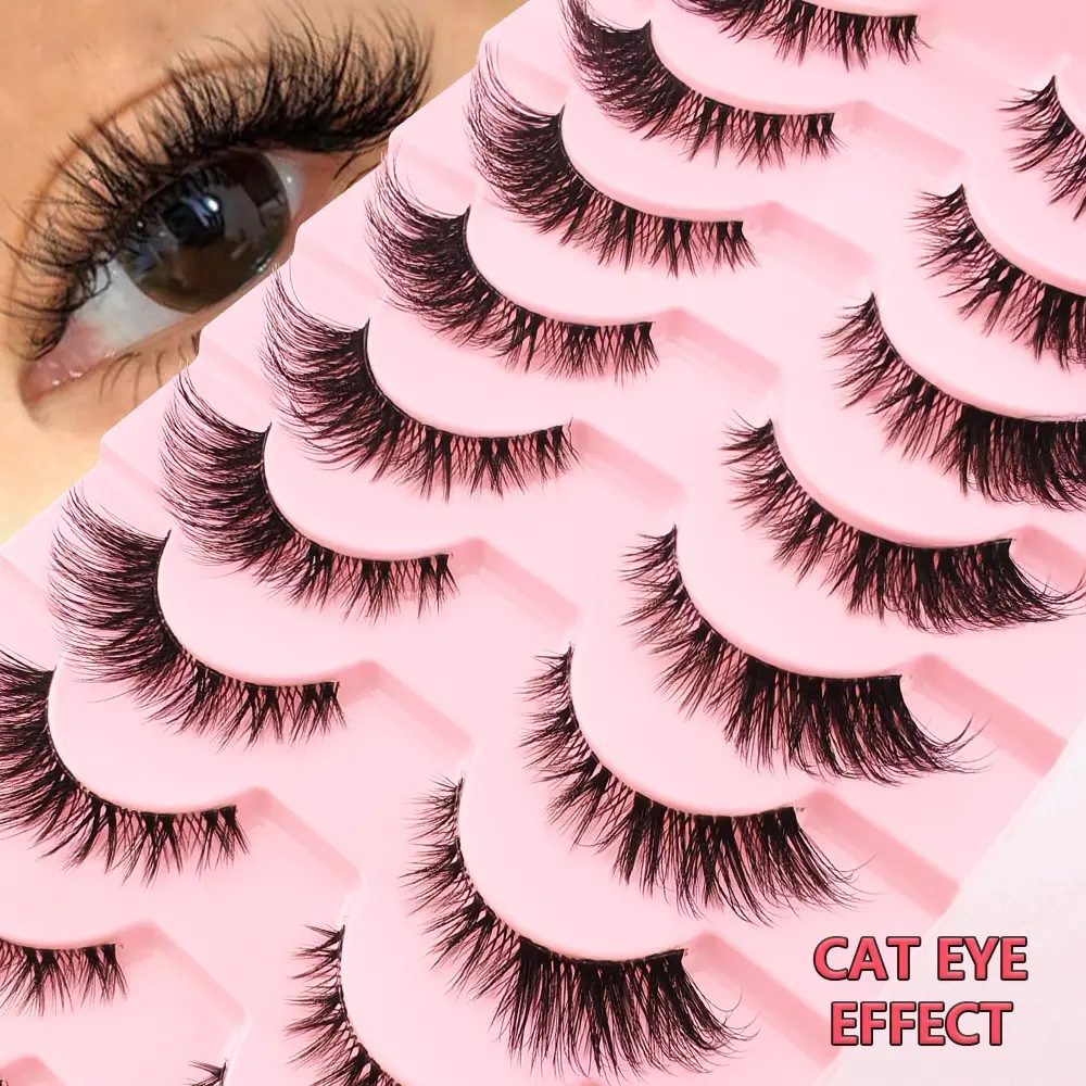 10 Pairs Cat Eye False Eyelashes, Transparent Strips Natural Look, Long-Lasting Wearable Makeup Accessory, Perfect for Daily Use, Clear Band Lashes