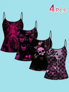 4 Pcs Skull Sweet Cool Print Strap Top, Dark Style Fashion Vest, Cross-Border Bestselling Women's Upper Garment
