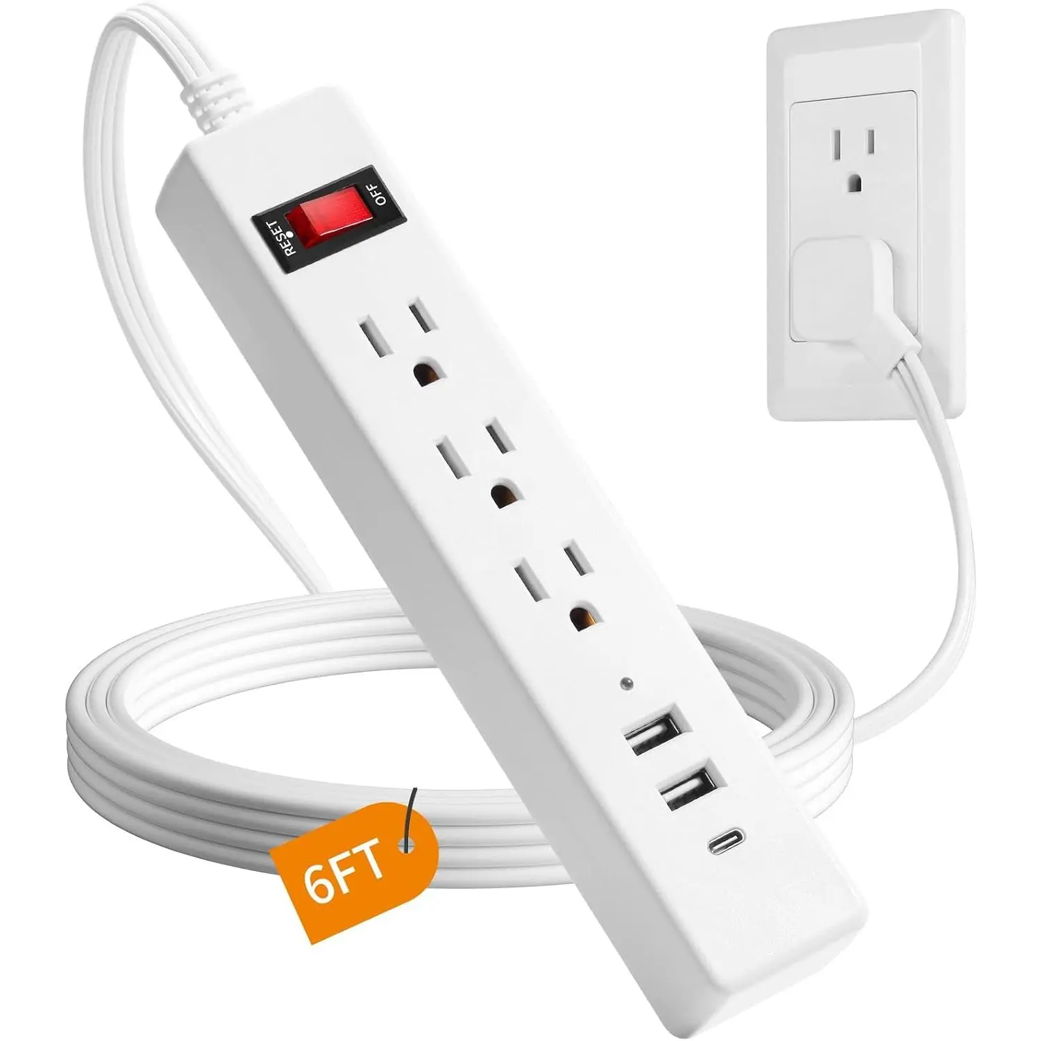 6 FT Flat Plug Extension Cord, Power Surge Protector Strip | - master ; 3 AC outlets and 3 USB ports (1 USB-C); space-saving flat plug for behind beds, , office, dorm