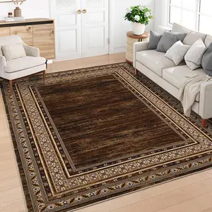 Washable Area Rug  Modern Distressed Geometric Bordered Carpet Ultra Thin Low Pile Non Slip Non Shedding Soft Floor Cover Mat for Living Room Bedroom Dining Room
