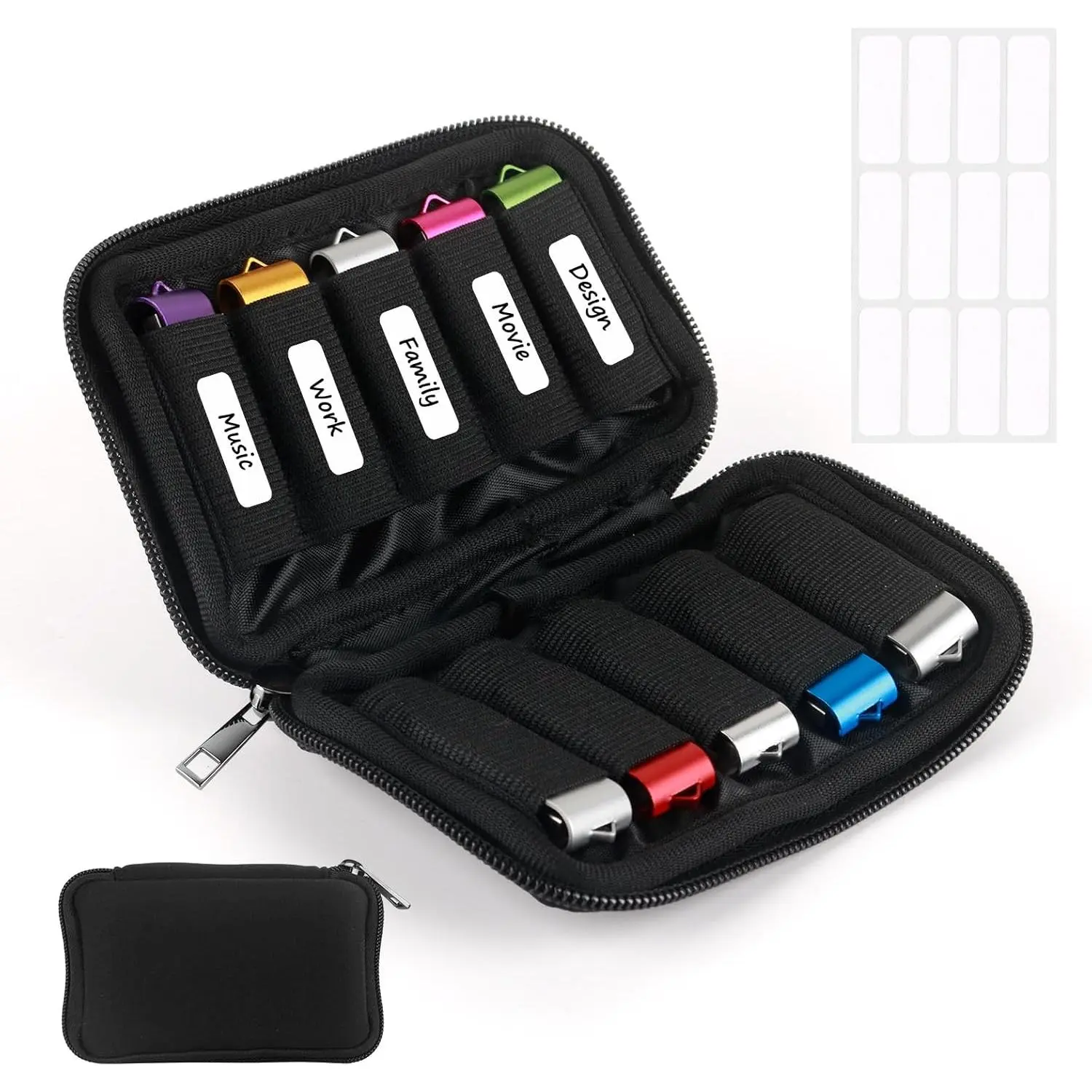 Flash Drive Case USB Storage Case 10 Slots, Portable Thumb Drive USB Holder, Tech Organizer Travel Electronics Bag for  Office Business, Bulk Memory Stick Pouch  Accessories with 12 Labels
