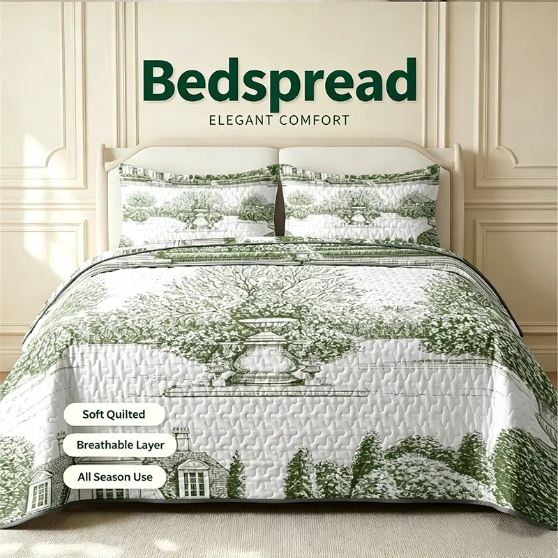 Luxury Elegant French Style Quilted Bedspread, Vintage Toile Country Scene, Reversible Soft Microfiber, All Season Coverlet, Bedspreads Coverlets