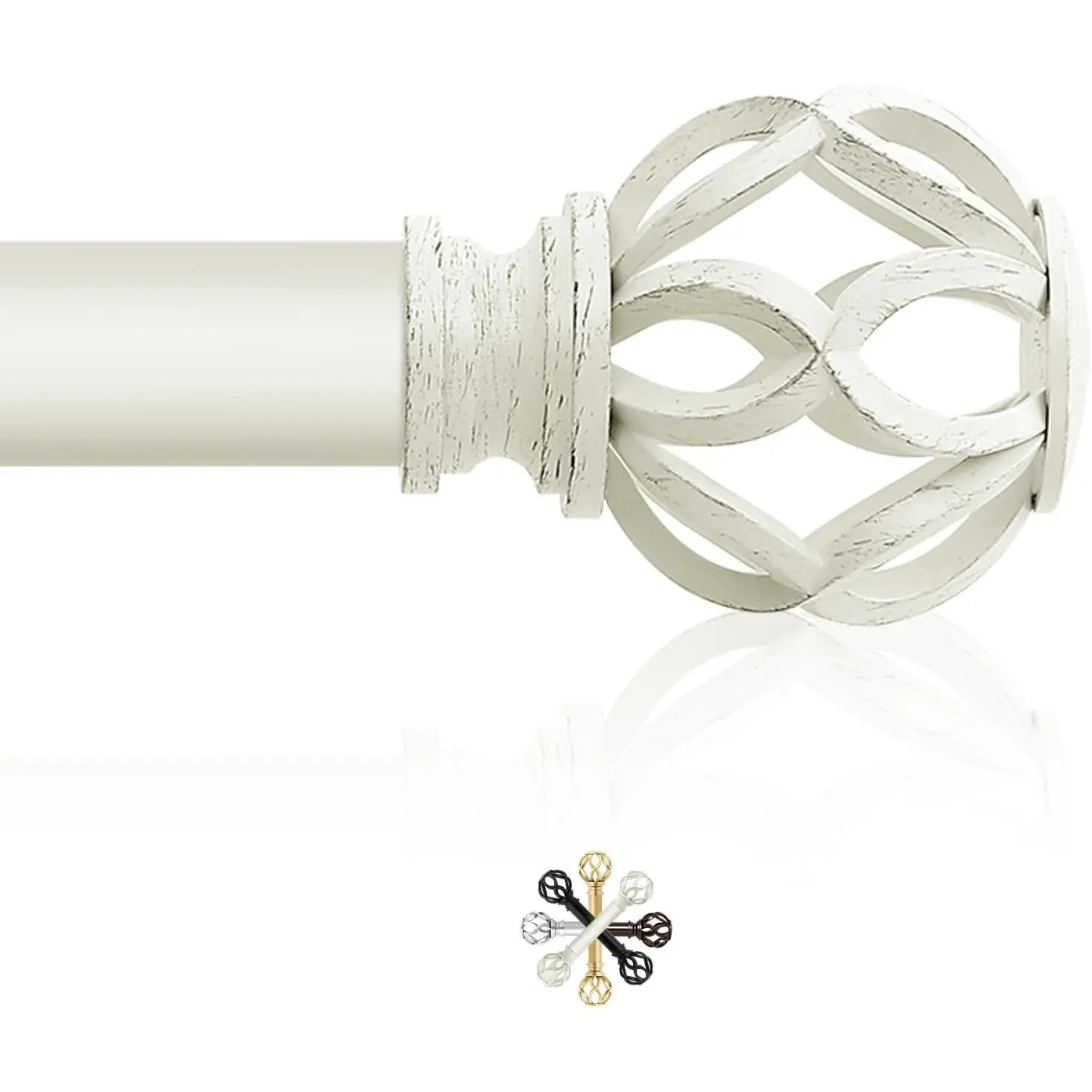 White Farmhouse Decorative Curtain Rod, 36-88" Adjustable Heavy Duty Single Window Rod for Bedroom Living Room, Antique White Boho Rustic Drapery Rod with Vintage Twist Finial, Easy Install