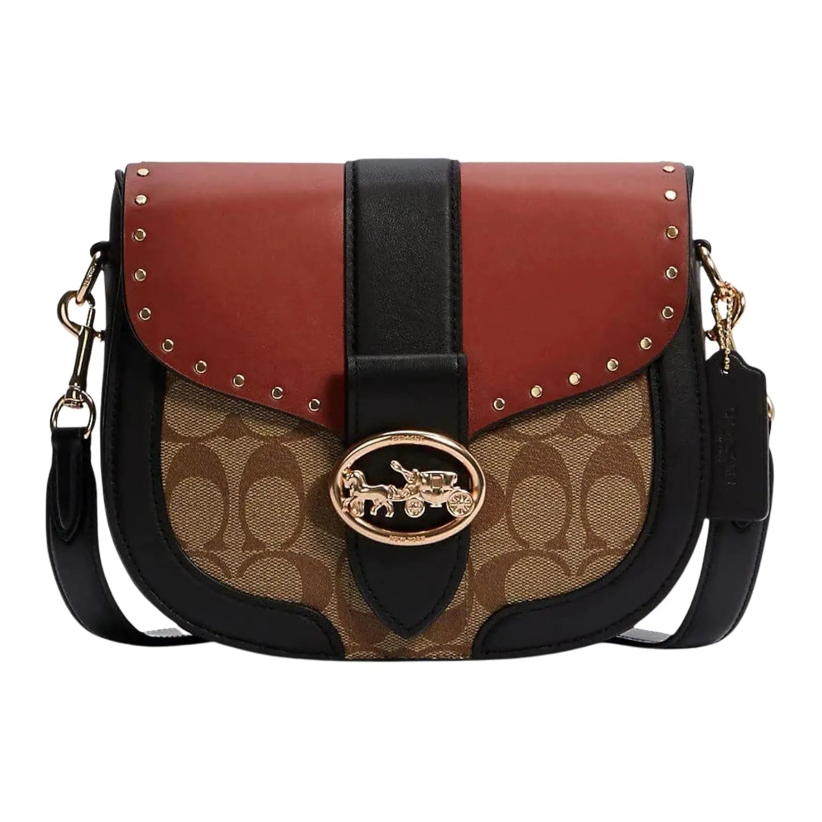 COACH Georgie 21 Saddle Bag for Women – Black and Red-Brown Two-Tone Leather Crossbody Bag with Rivet Detail