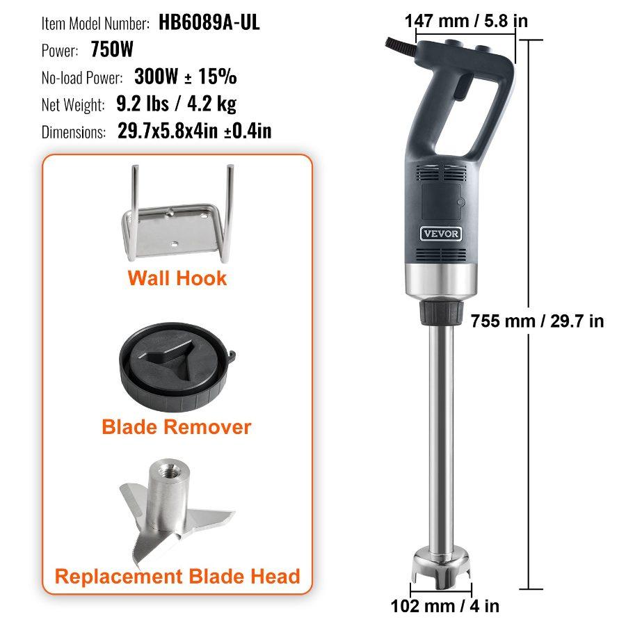 VEVOR Commercial Immersion Blender, 750W 16 Heavy Duty Hand Mixer, Variable Speed Kitchen Stick Mixer with 304 Stainless Steel Blade, Multi-Purpose Portable Mixer for Soup, Smoothie, Puree, Baby Food