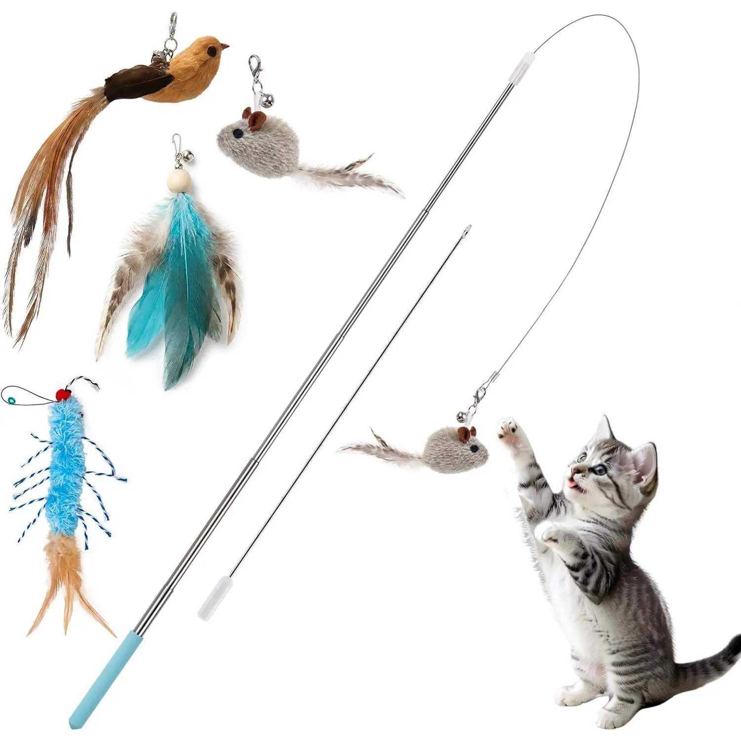 Wand  for Indoor Cats, 7-37in Retractable Fishing Pole | Includes steel wire, flexible string and 4  toys for kittens. Helps cats exercise, chase and stay  indoors