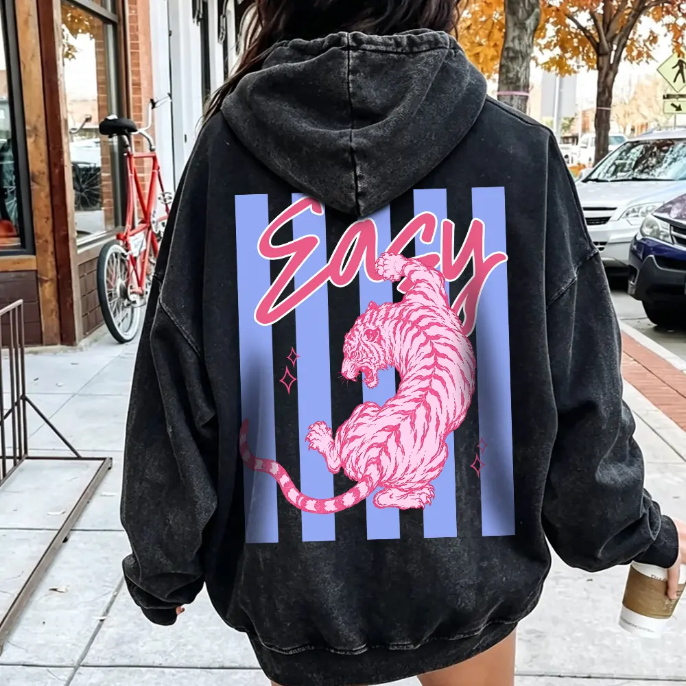 Vintage Acid Wash Oversized Hoodie Unisex Y2K Streetwear Pink Tiger Graphic Sweatshirt Edgy Back Print Heavyweight Pullover Hoodie