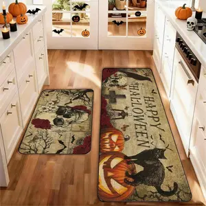 Set of 2 Halloween Kitchen Mat Set, Cat Raven Pumpkin Design, Non-Slip Low Profile, Perfect for Halloween Party Floor Decor