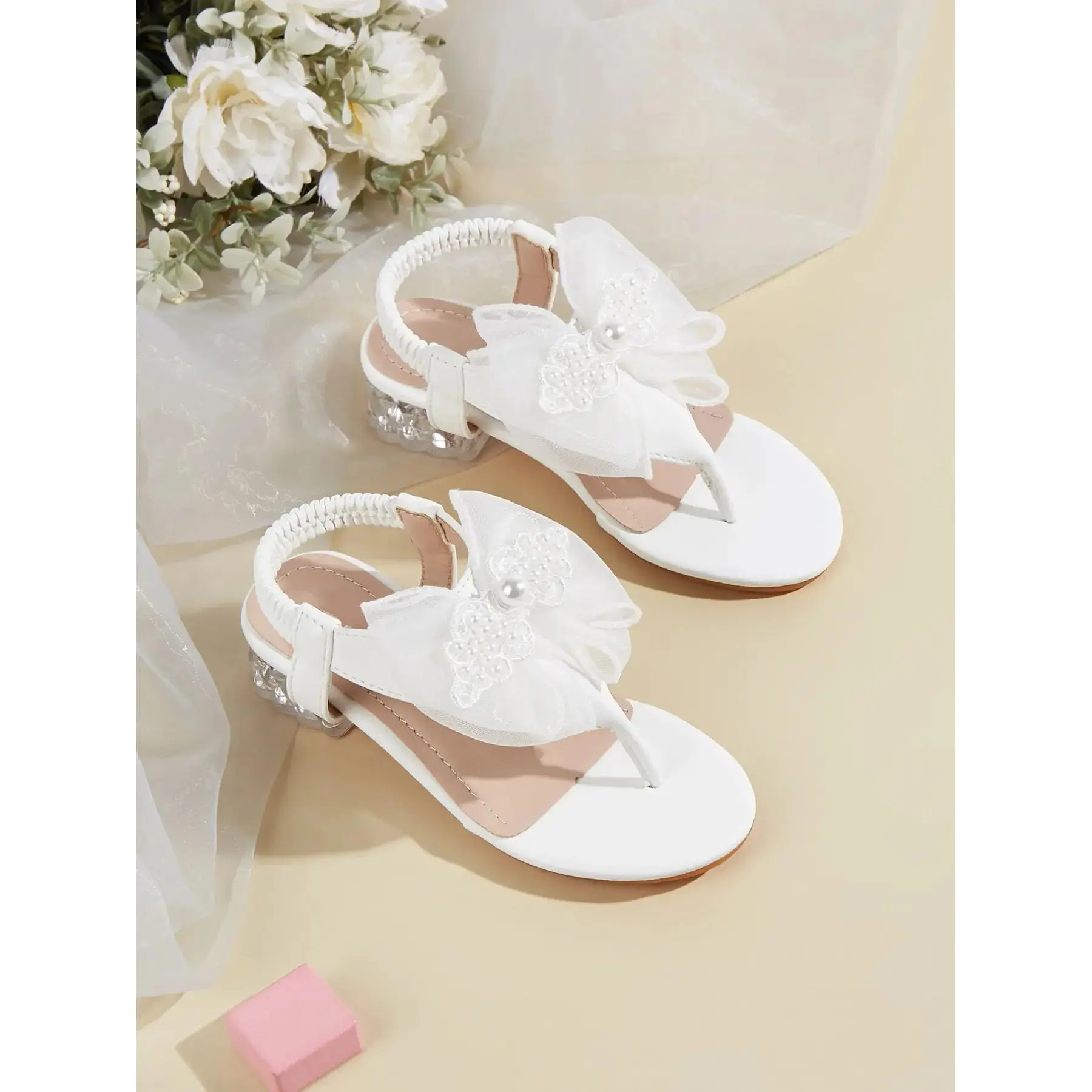 Girls' High Heeled Sandals with Decorative Embroidered Bow & Rhinestones, PU Leather Open Toe Slip-Ons for Parties, Fashion Versatile for 11 - 12 Years, EU27 & EU30, Girls High Heels