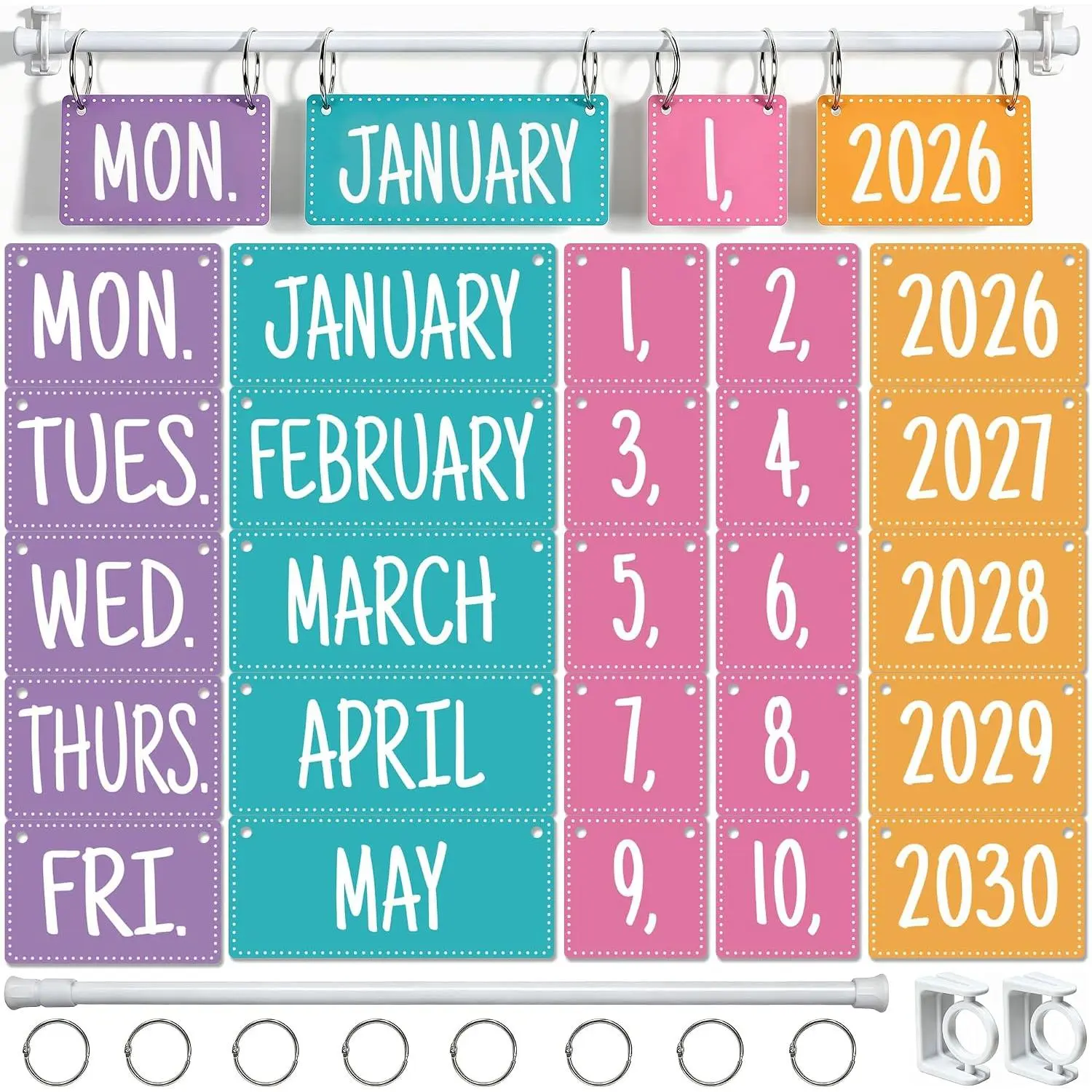 Rainbow Set Colorful Flip Calendar Bulletin Board with Adjustable Rod, 55 Card Pack, 2026-2030 Date Display, School Classroom Decor, Teacher Office Stationery Supplies