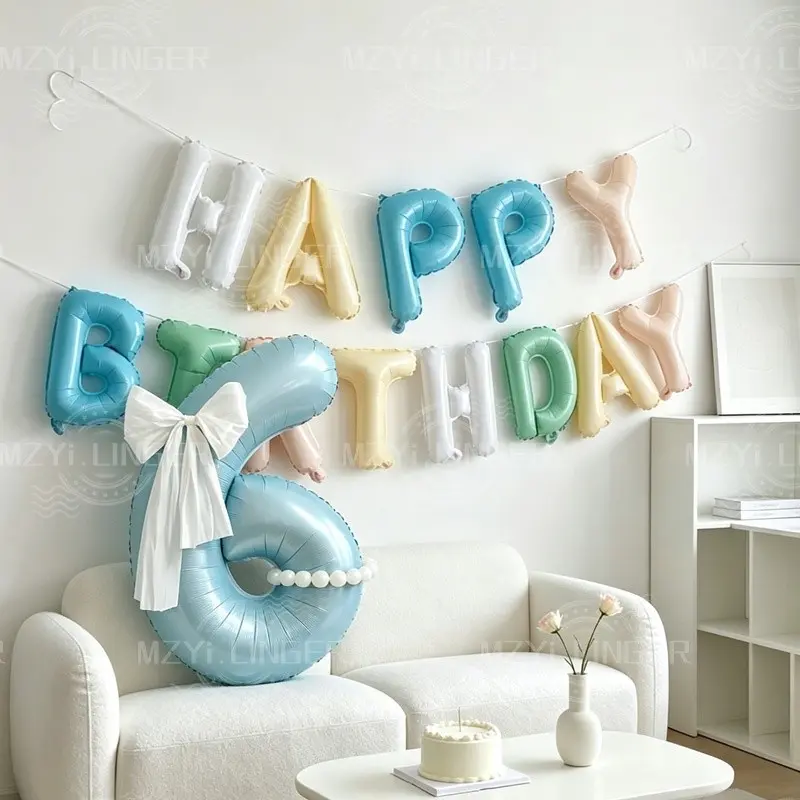 Dopamine Birthday Happy Letters and 40-Inch Matte Light Blue Large Number Balloons 0-9, Giant Bow Design, Party Photo Props, Decorations