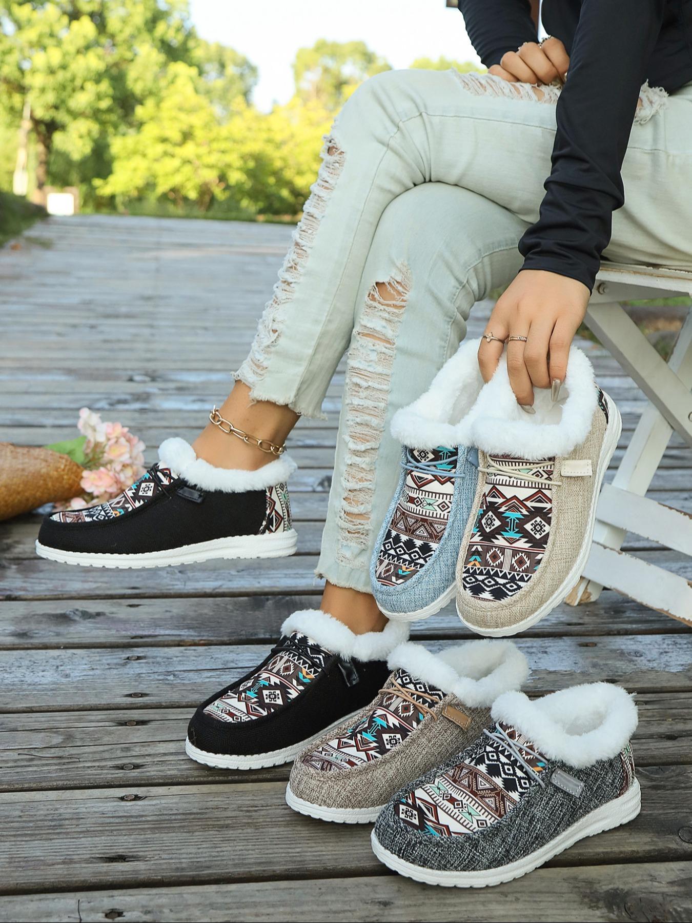 Women's Lace Up Low Top Colorblock Ethnic Pattern Sneakers, Casual Warm Sports Shoes for Winter, Female All-match Round Toe Shoes for Daily Wear