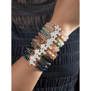 12 Pcs Vintage Boho Multi Layer Stackable Bracelet Set Unisex for Women Men, Colorful Faux Crystal Turquoise Cross Charm Beaded Stack Bracelets, Dainty Lightweight Wrist Jewelry for Daily Beach Vacation Birthday Gift