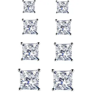 925  Post Stud Earrings for Women - 4 Pairs Square Cut Cubic Zirconia Stud Earrings  Stud Earrings Set for Women Men 3mm 4mm 5mm 6mm 7mm