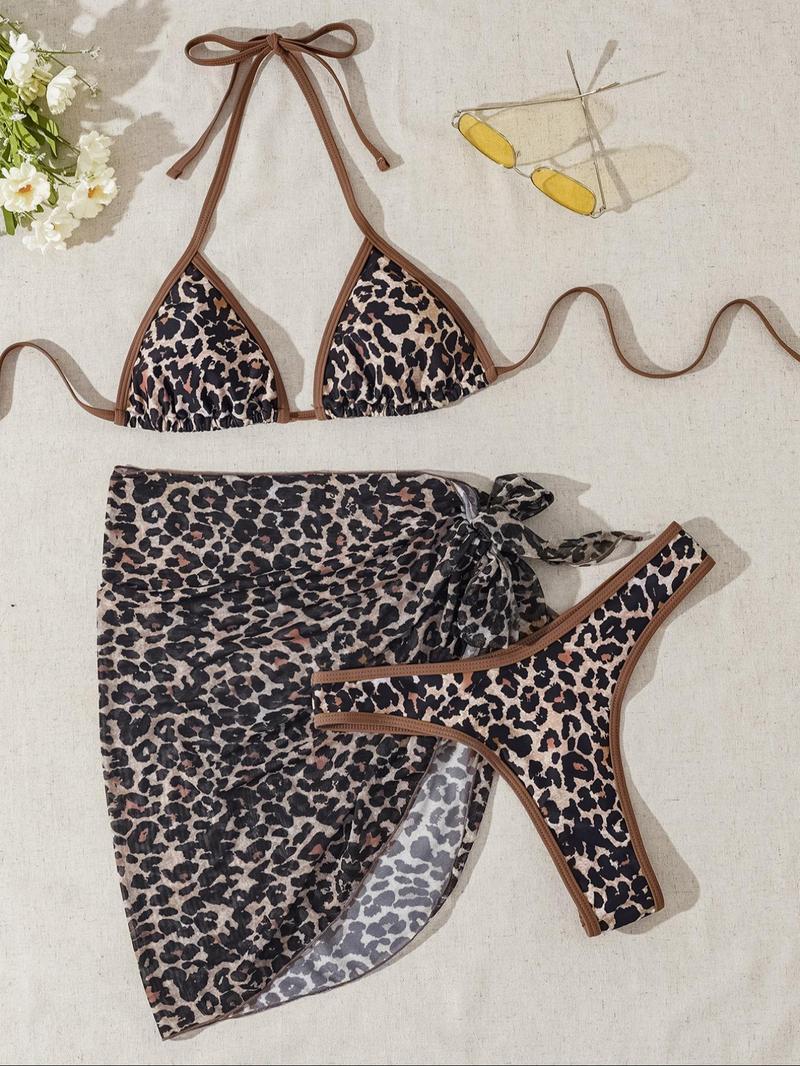 Three-Piece Set Women's Floral Print Bikini Set, Casual Halter Triangle Swim Bra & Swim Panty & Plain Knot Side Cover Up Skirt, 2024 Summer Swimsuit for Beach Vacation