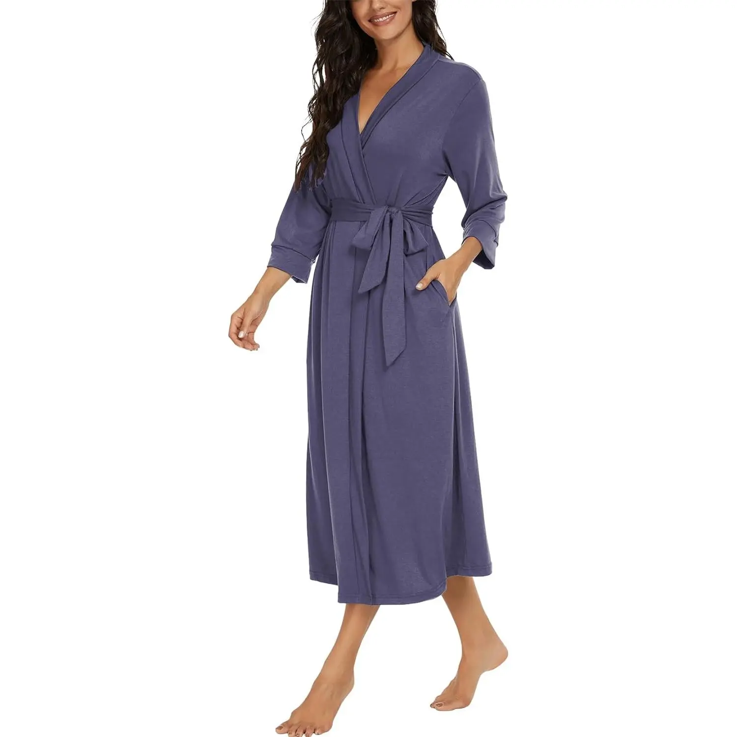 Women's Long Knit Bathrobe - Lightweight, Soft Maternity Nightwear with Pockets, Basic Casual Loungewear for All-Seasons, Casual Wear, Long Length, Robe Form, Knit Fabric, Anti-Shrink, Hidden Tie
