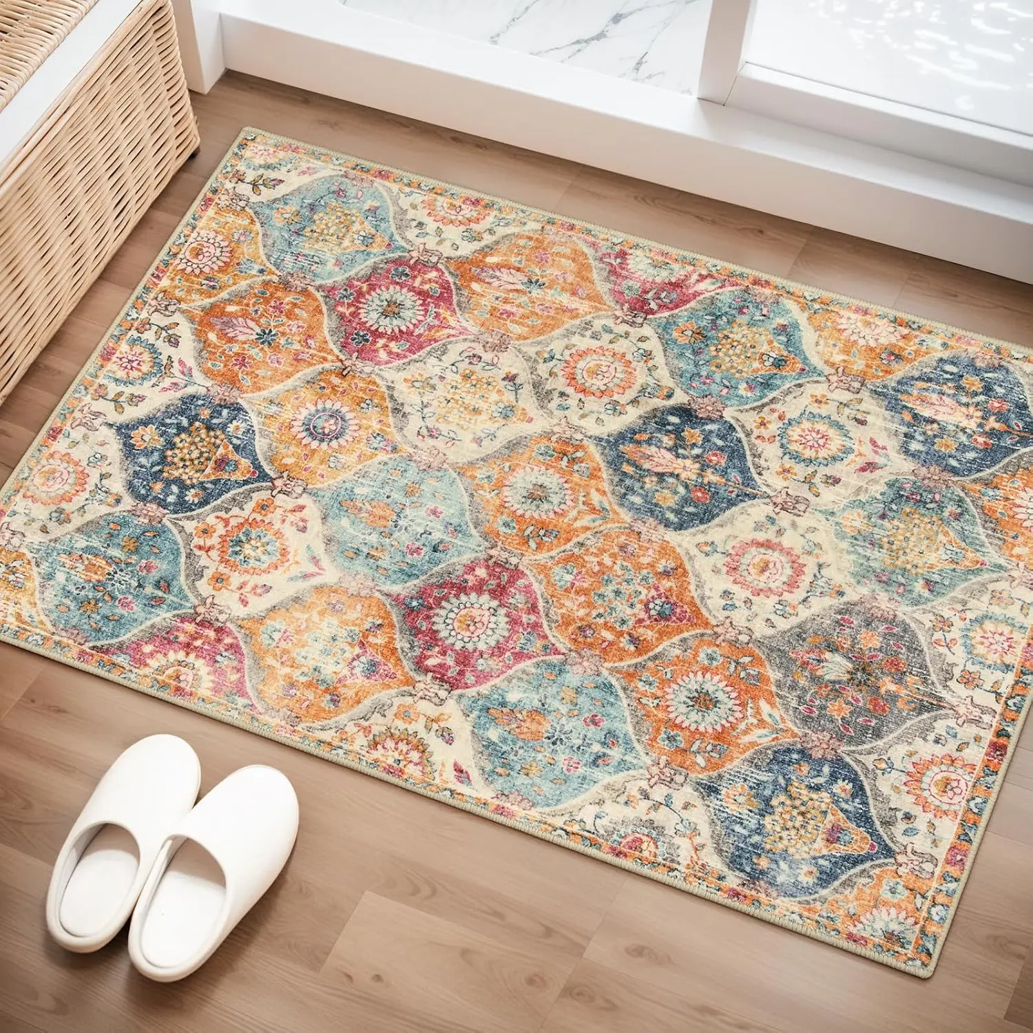 Moroccan Trellis Washable Rug, 2x3 Rugs for Entryway, Non-Slip Indoor Door Mat-Thin, Small Oriental Throw Carpet for Bedroom Elise,/Multi