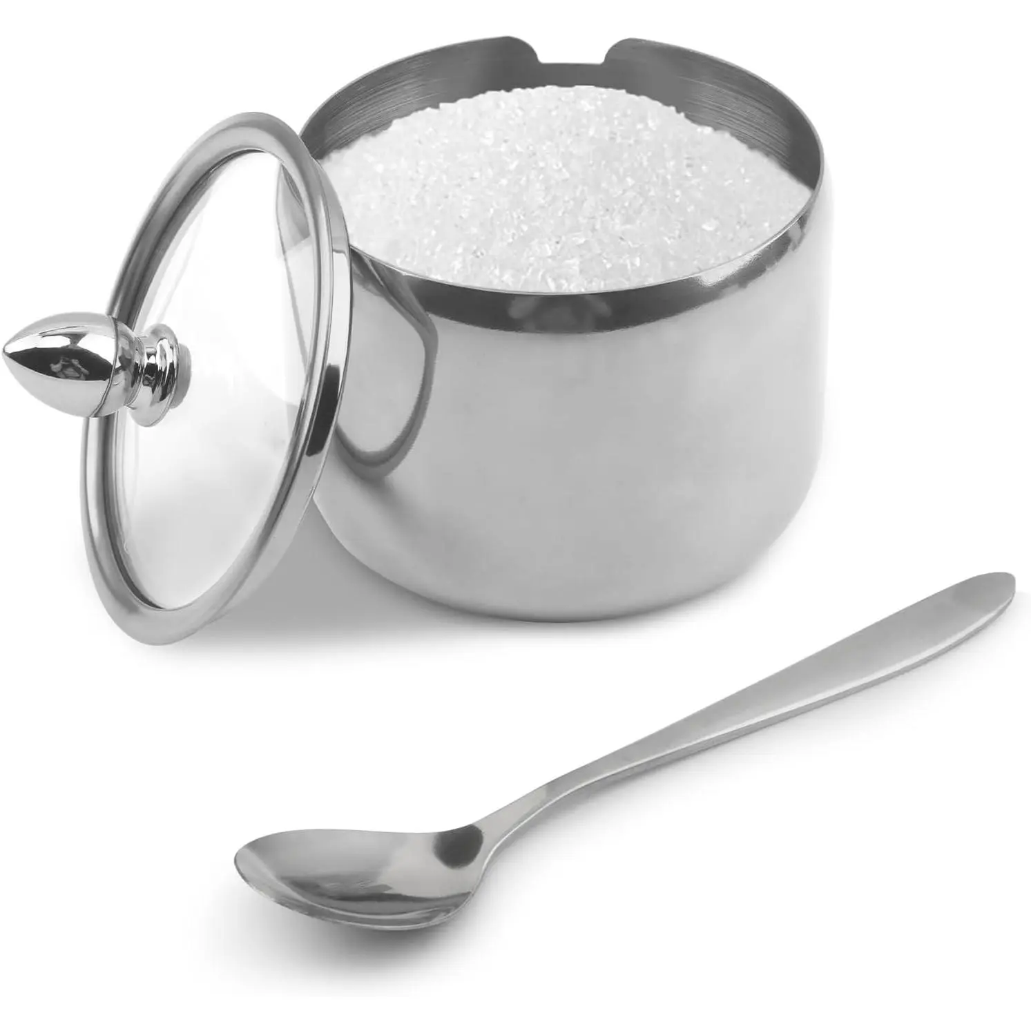 10oz Silver Stainless Steel Sugar Bowl with Clear Lid & Spoon, Small Condiment Container for Home Bar Kitchen, Suitable for Storing Salt, Candy, Tea, Spice, Ghee, Coffee Beans