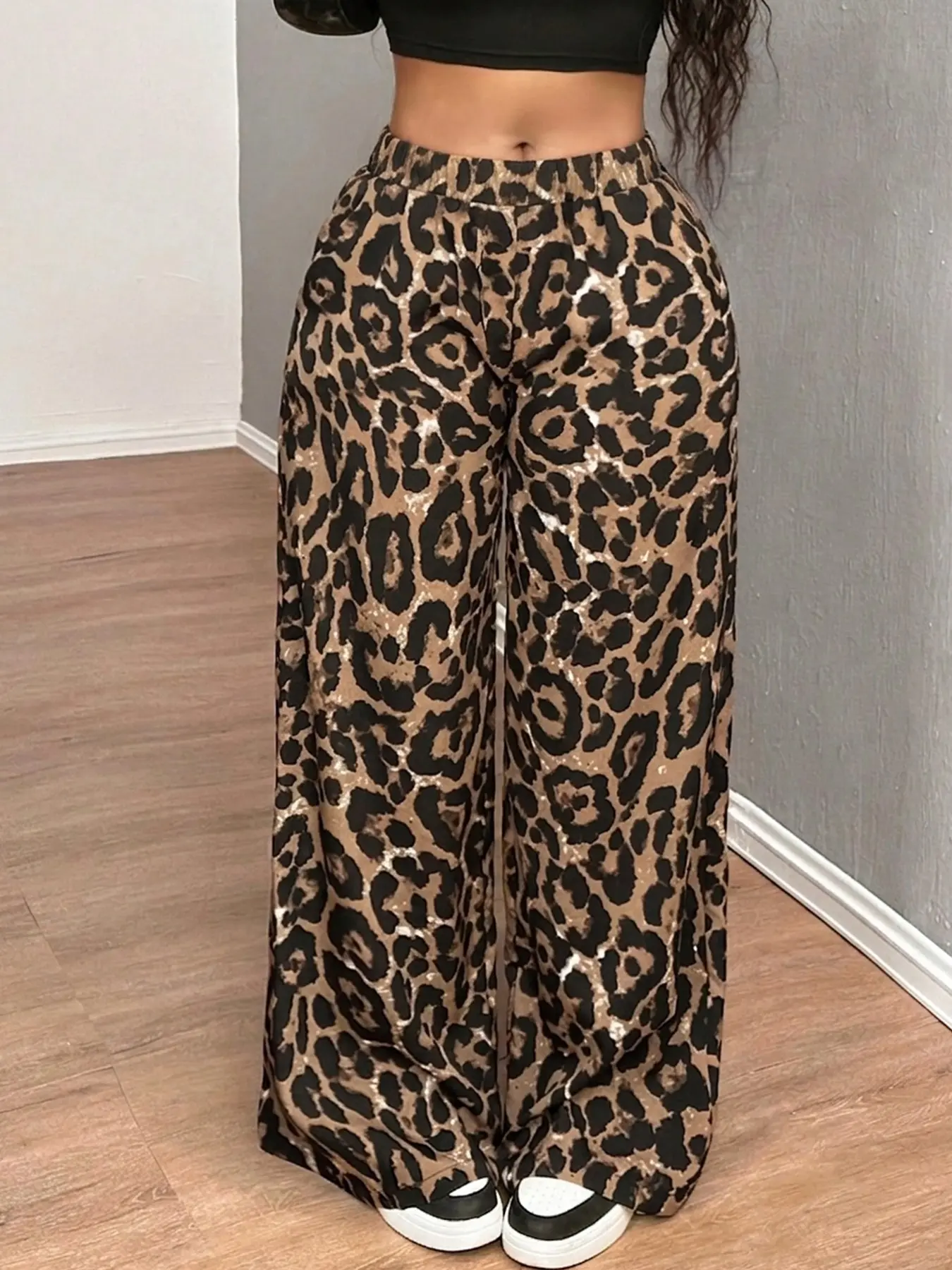 Women Vintage Leopard Print Wide Leg Pants, Elastic High Waist Loose Casual Trousers, Y2K Streetwear Relaxed Fit Palazzo Pants With Pockets, Trendy Retro Leopard Pattern Daily Commute Loose Flowy Long Pants