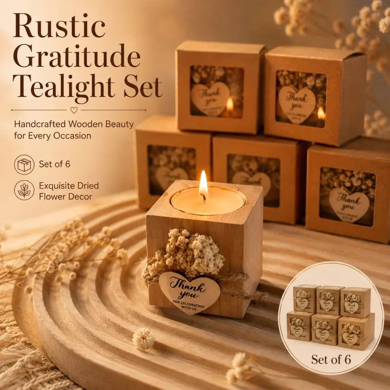 Set of 6 Rustic Wooden Tealight Candle Holders with Dried Flower & Thank You Tag, Handmade Wedding Favor Candle Cup for Bridal Shower Party Guest Gift Home Table Decor