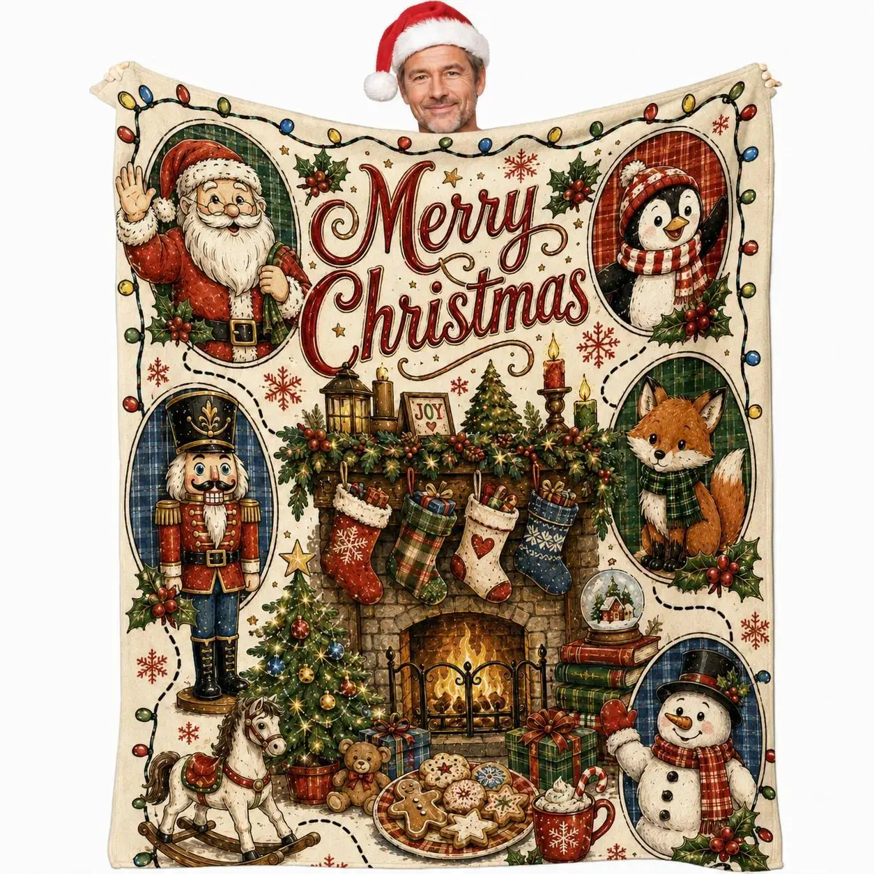 Christmas Fireplace Flannel Blankets Throw Blankets Vintage Santa Penguin Fox Nutcracker And Snowman Super Soft Bedding Bed Accessories For Bed Couch Sofa Cozy Holiday Gifts For Family And Friends