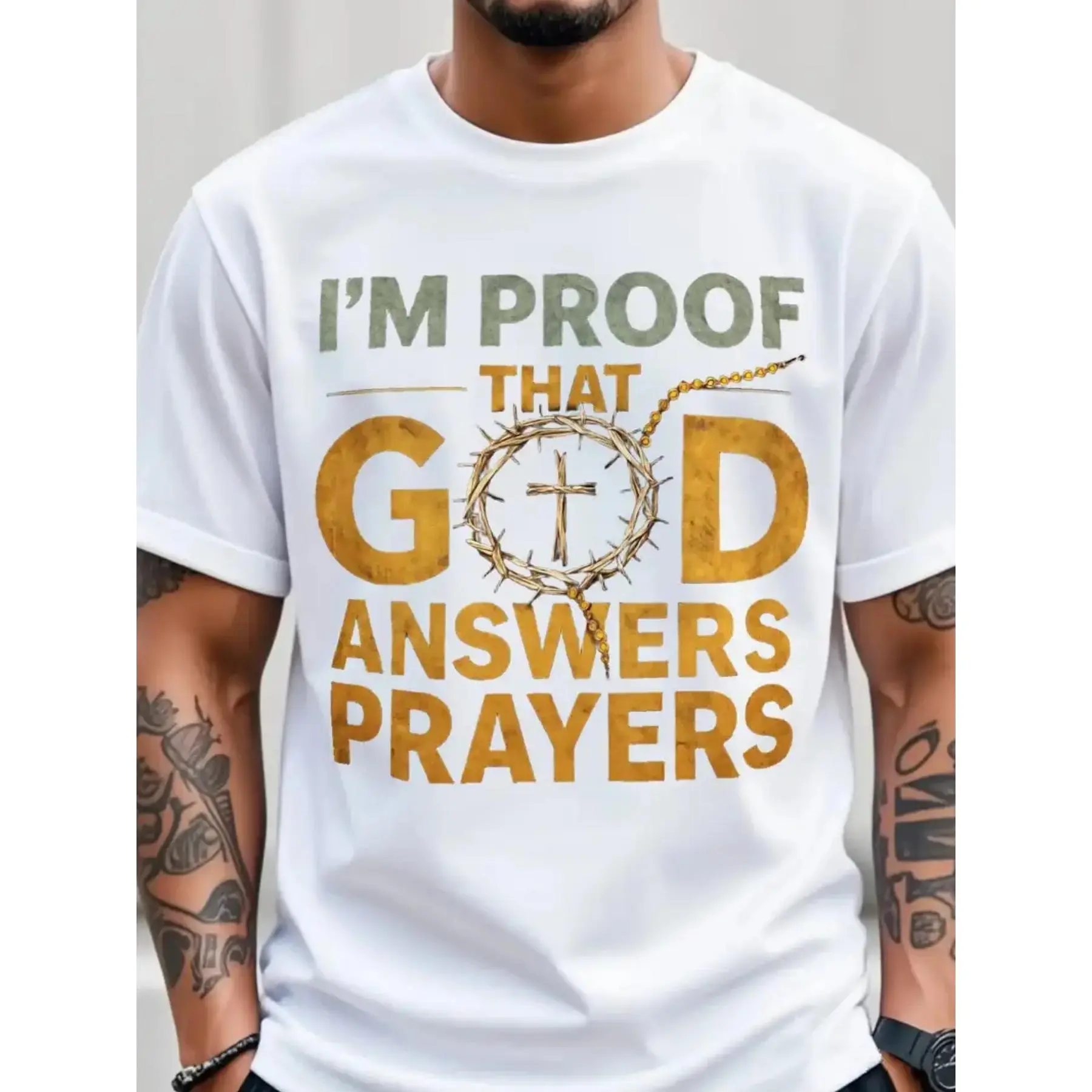 Men'S Christian T-Shirt "I Am the Proof of God'S Response to Prayer" |   Golden Letters and Crown Cross Design, Ultra Soft Breathable Blend Fabric, White and Black Round Neck Short Sleeve, Suitable for Church, Casual Style, Regular Fit