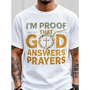 Men's Christian T-Shirt "I Am the Proof of God's Response to Prayer" with Golden Crown Cross & Lettering Ultra Soft Breathable Fabric Suitable for Church Easter Christmas