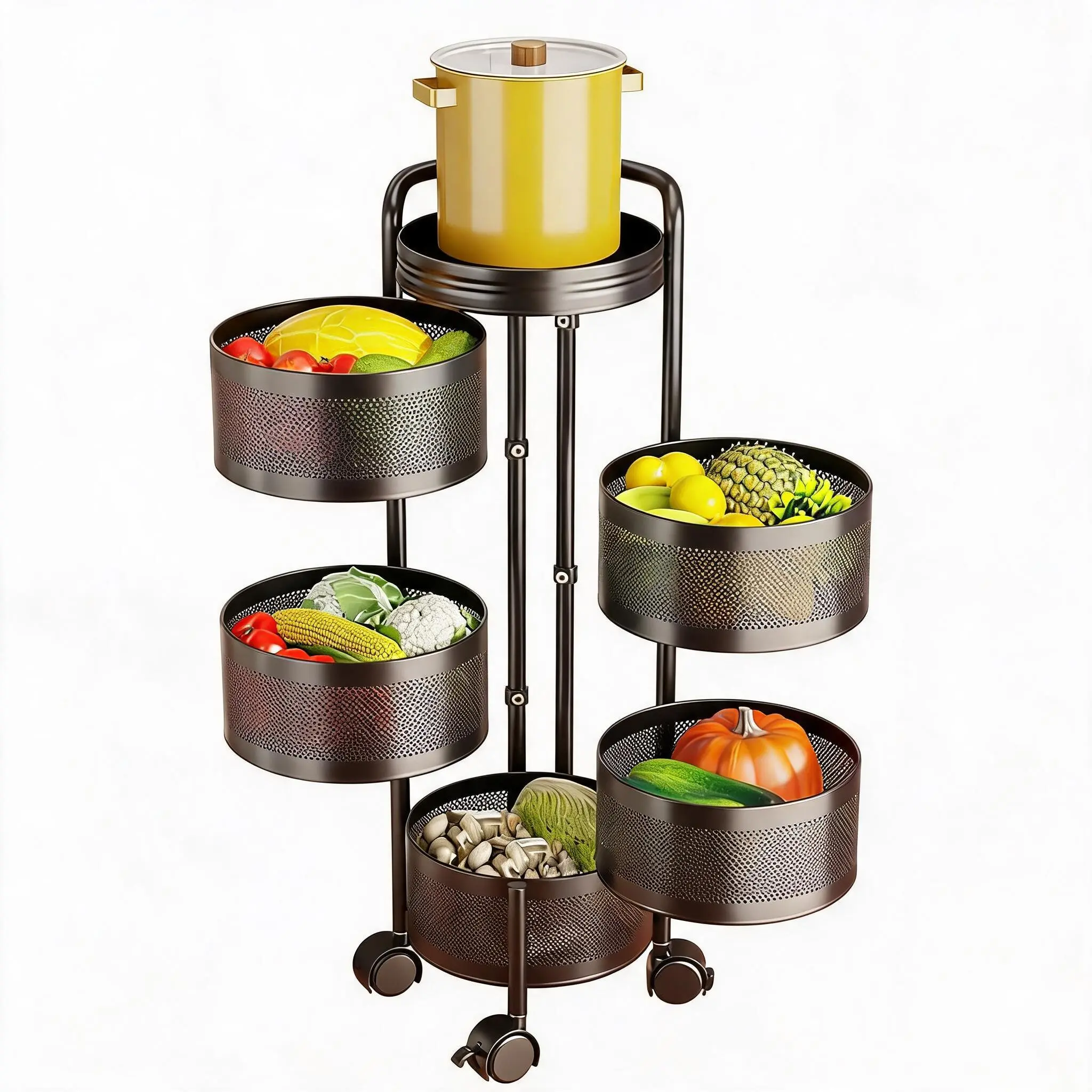 5-Tier Rotating Utility Cart with Wheels – Heavy-Duty Carbon Steel Basket Rack, Rolling Storage Organizer for Kitchen Produce, Bathroom Supplies, Living Room Snacks, No Assembly Needed, Space-Saving Cart