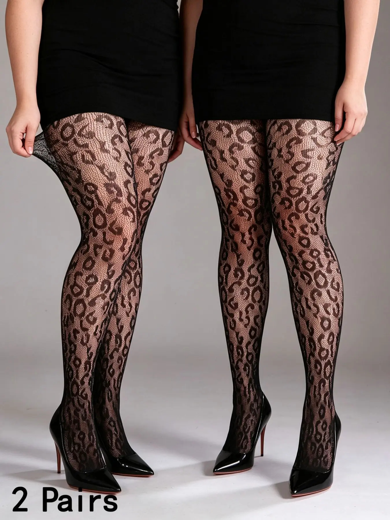 2pc Plus Size High Stretch Leopard Fishnet Leggings, Hollow Net Stockings, Tights, Halloween Costume, Fashionable, All Seasons