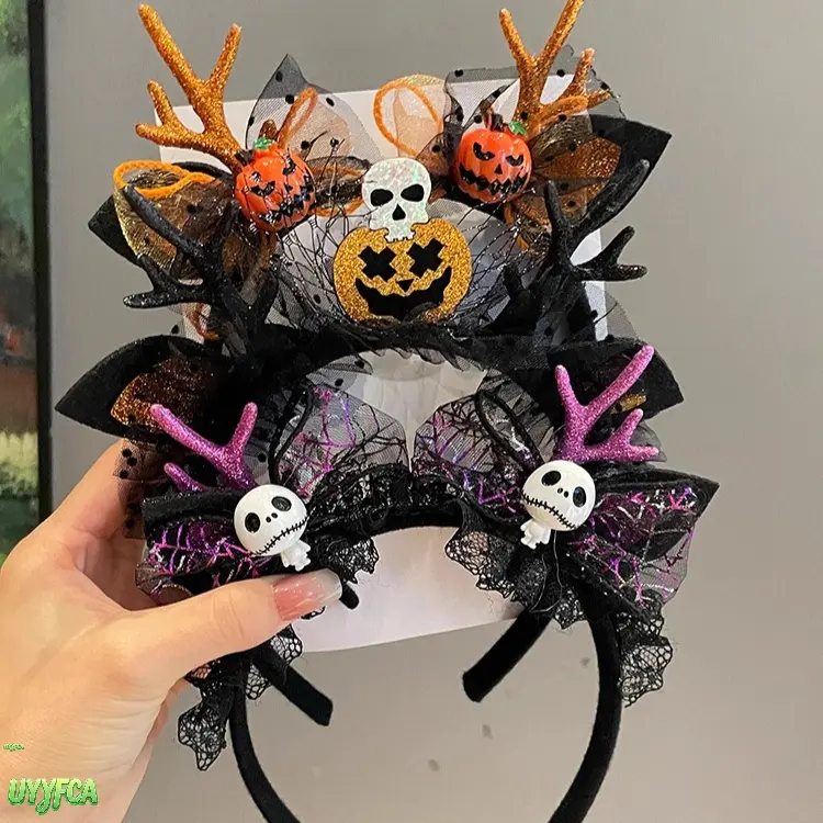 Gothic Antler Cat Ear Headband with Lace Mesh, Skull & Bow Hair Hoop for Women, Spooky Halloween Cosplay Costume, Non-Slip Party Props, Unisex Wear, All Seasons