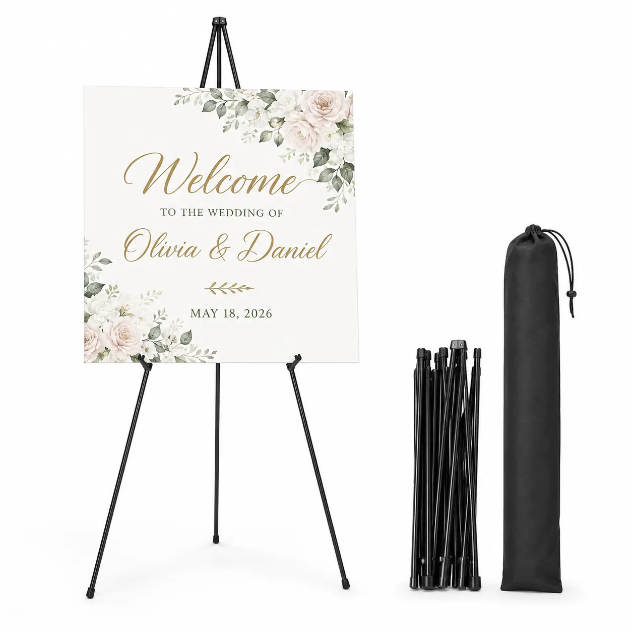 Height Adjust 80-168cm Portable Metal Tripod Easel Stand, Adjustable Foldable Display Holder with Rubber Feet for Wedding Signs, Canvas Art, Home Decor (Black, White)
